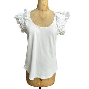 Chico’s Rib Knit Ruffle Sleeve Scoop Neck White Top Cap Sleeve Cotton Size L EUC